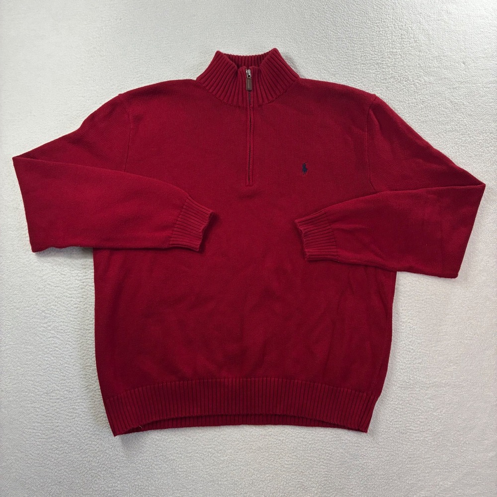 Polo Ralph Lauren Quarter Zip Sweater Men XL Red Cotton Knit Pullover Preppy Vtg